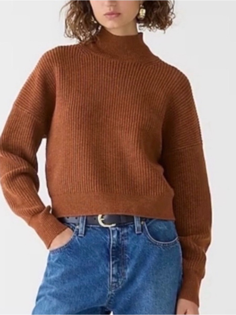 J. Crew Cropped Ribbed Turtleneck Sweater in Rust Brown